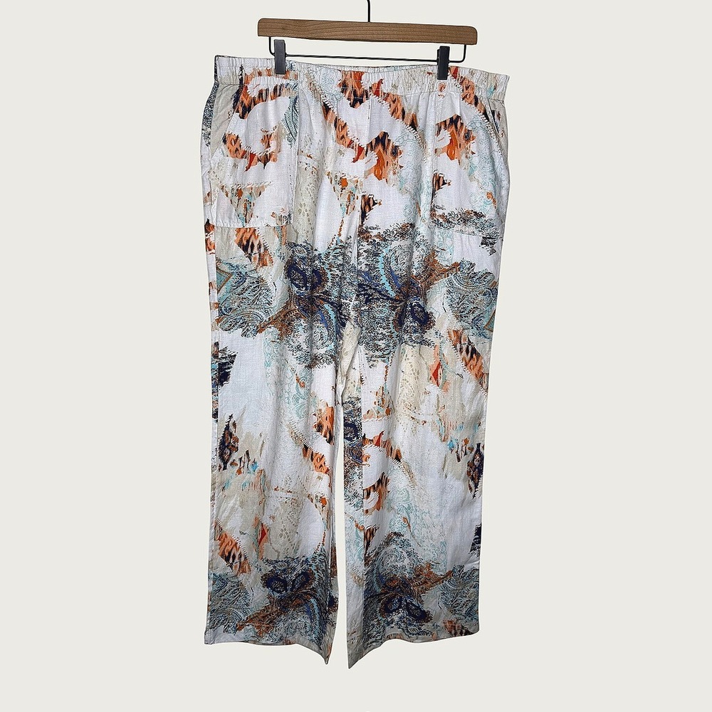 Chicos Palizzo Linen Wide Leg Pants 3 XL Paisley Watercolor Printed Resort Wear